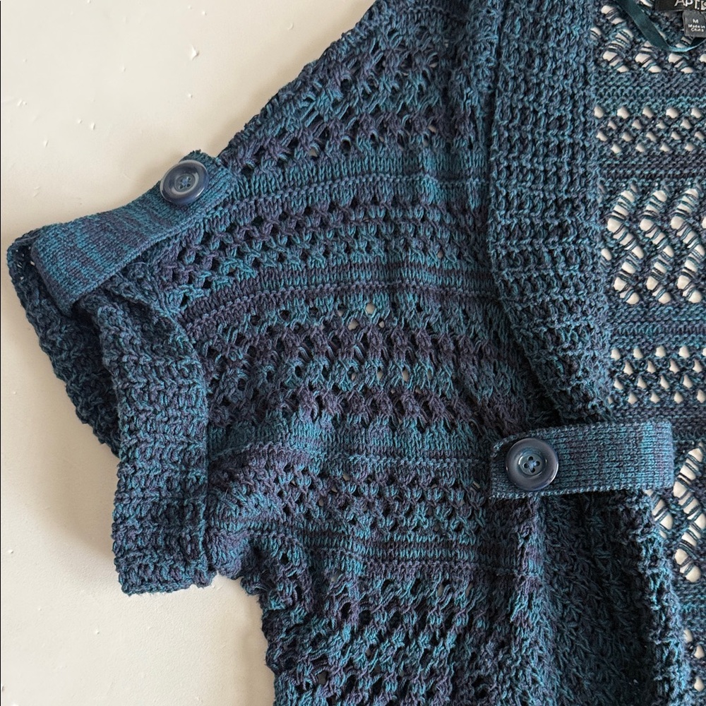 APT 9 Navy Open-Knit Short Sleeve Sweater Women’s Size Medium - Picture 3 of 11